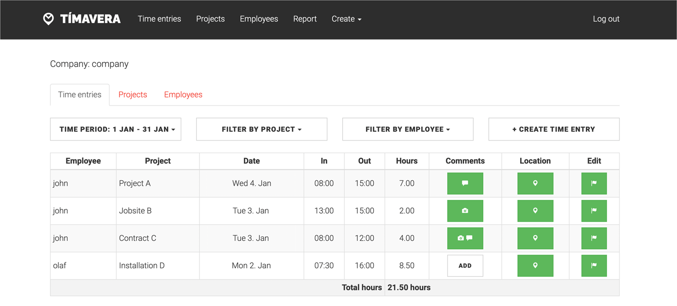 Screenshot of the Tímavera website dashboard. List of time entries by employees on different projects.